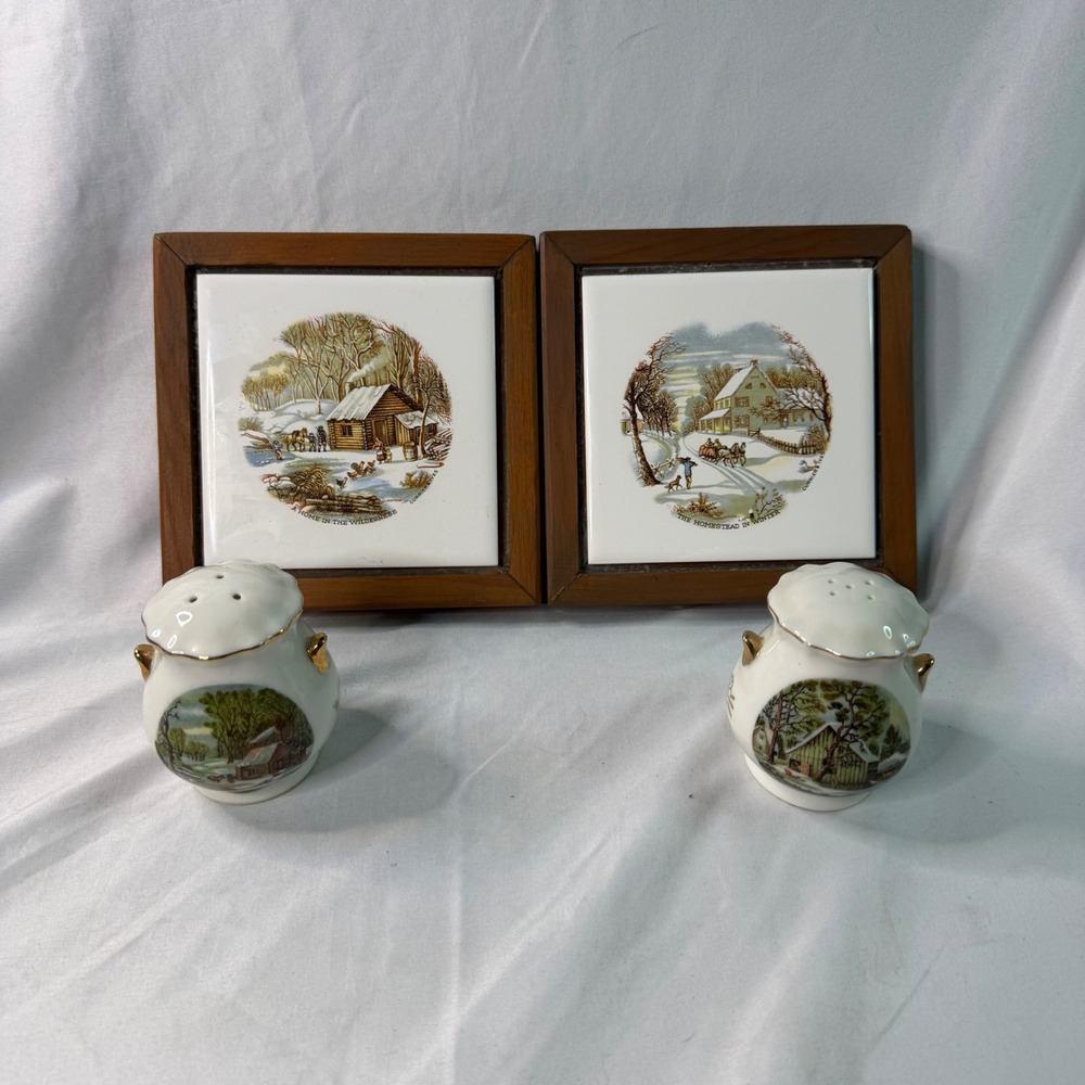 Vintage Currier & Ives Winter Scene Framed Tiles and Salt & Pepper Shaker Set